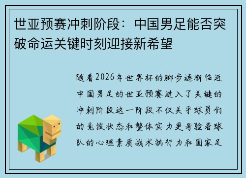 世亚预赛冲刺阶段：中国男足能否突破命运关键时刻迎接新希望