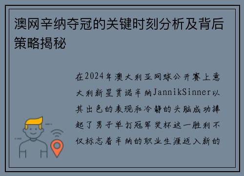 澳网辛纳夺冠的关键时刻分析及背后策略揭秘
